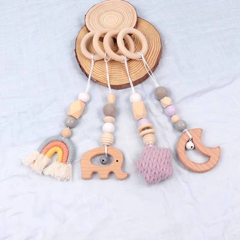 4 Pcs Beech Wood Baby Play Gym Frame Newborn Activity Fitness Rack Hanging Pendants Toys Crochet Rattle Teether Kids Room Decor