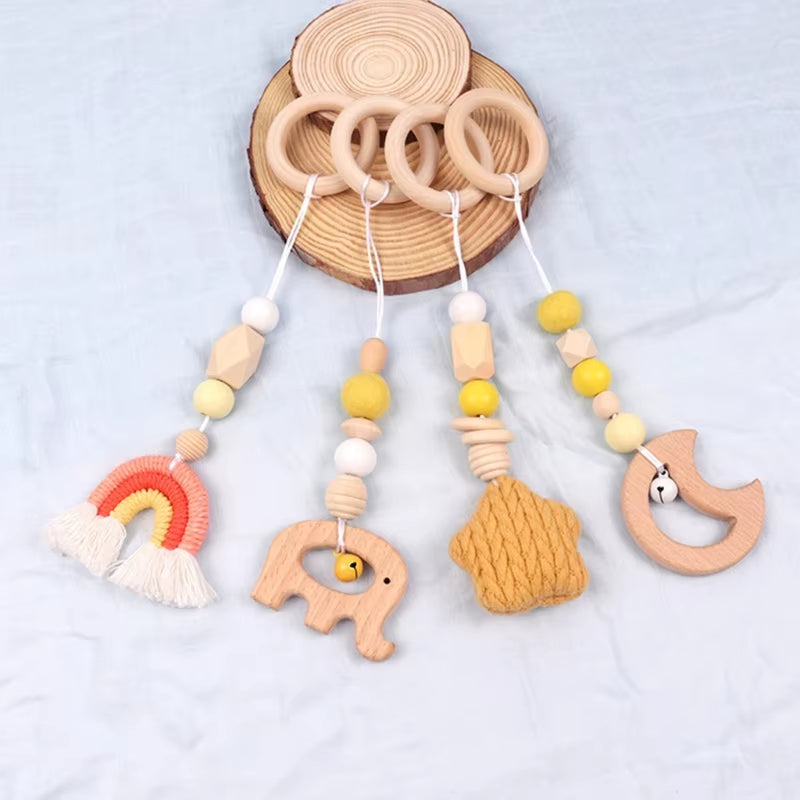 4 Pcs Beech Wood Baby Play Gym Frame Newborn Activity Fitness Rack Hanging Pendants Toys Crochet Rattle Teether Kids Room Decor
