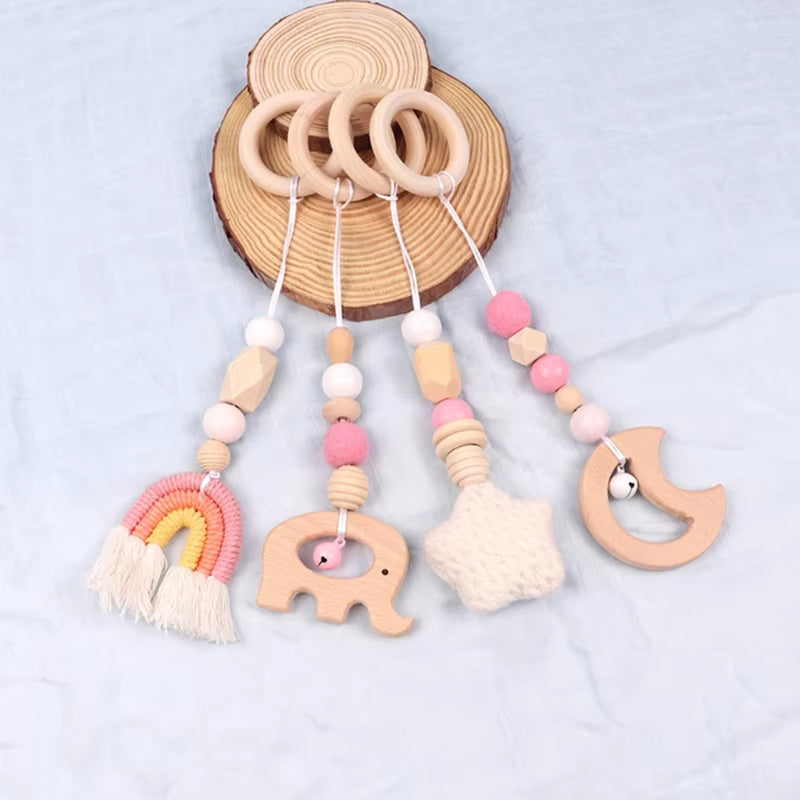 4 Pcs Beech Wood Baby Play Gym Frame Newborn Activity Fitness Rack Hanging Pendants Toys Crochet Rattle Teether Kids Room Decor