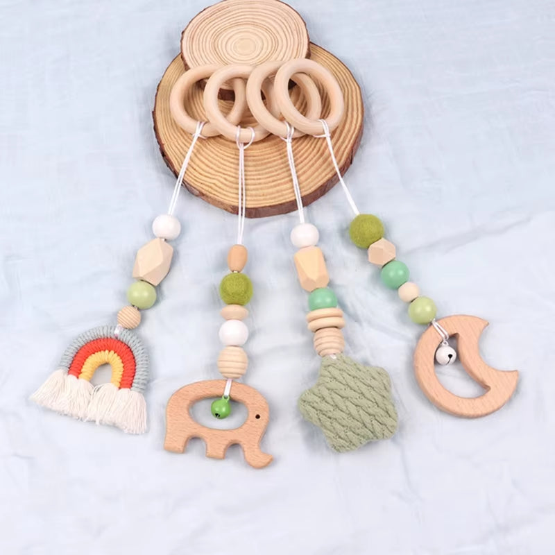 4 Pcs Beech Wood Baby Play Gym Frame Newborn Activity Fitness Rack Hanging Pendants Toys Crochet Rattle Teether Kids Room Decor