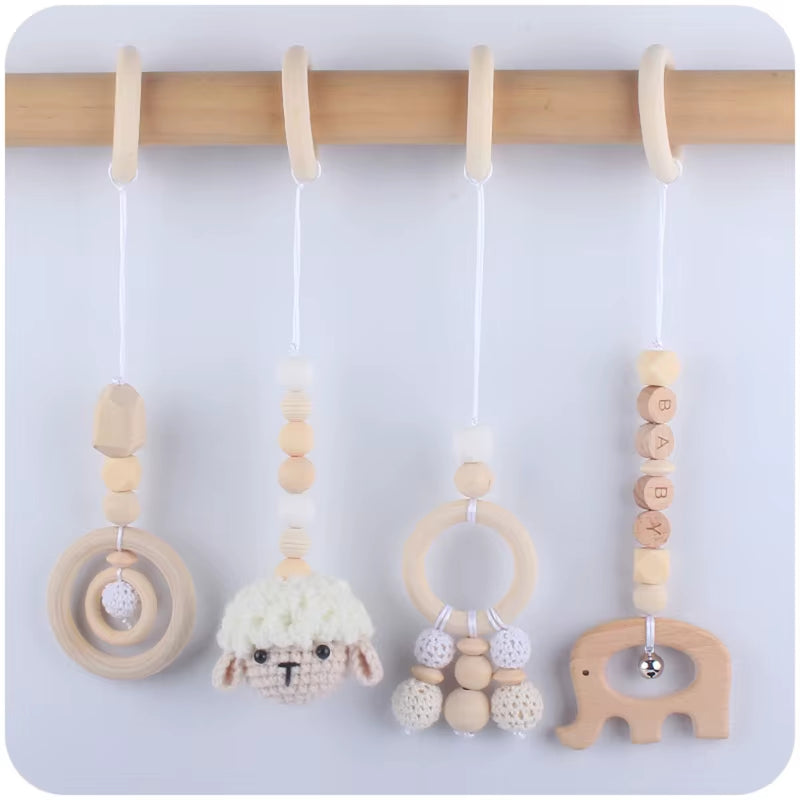 4 Pcs Beech Wood Baby Play Gym Frame Newborn Activity Fitness Rack Hanging Pendants Toys Crochet Rattle Teether Kids Room Decor