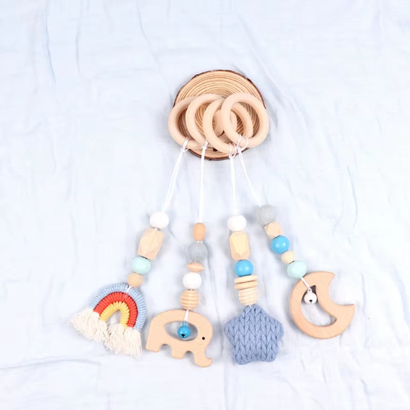 4 Pcs Beech Wood Baby Play Gym Frame Newborn Activity Fitness Rack Hanging Pendants Toys Crochet Rattle Teether Kids Room Decor